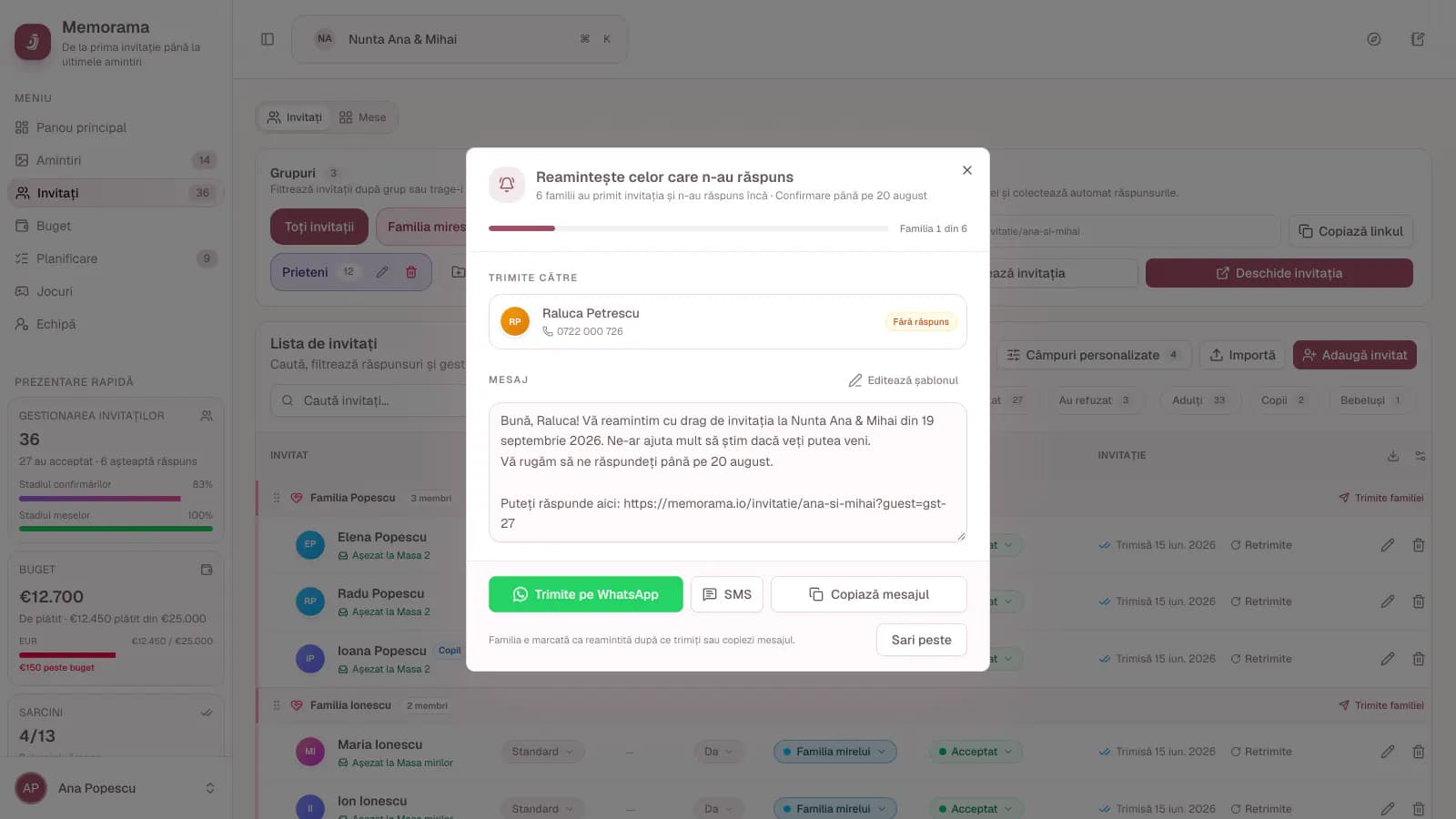 Reamintire cu linkul personal de invitație, gata de trimis pe WhatsApp